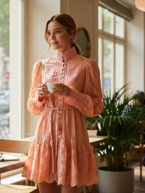 Roiii Women A-Line Lace Eyelet Short Long Sleeve Dress with Slip Medium NWT